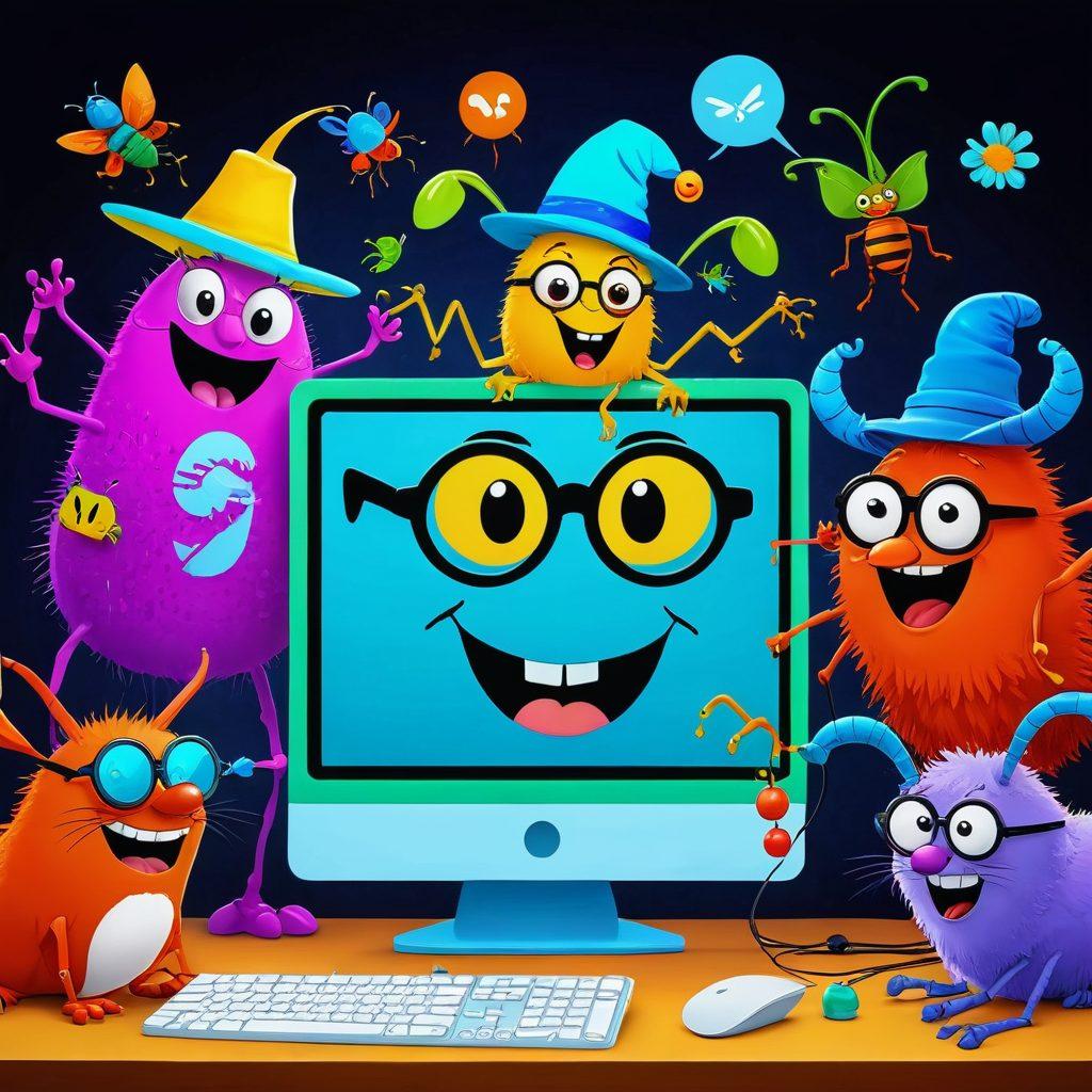 A whimsical scene depicting cartoonish pests wearing comical hats and glasses, comically interacting with a computer and creating hilarious memes. Bright colors and exaggerated expressions on the pests to evoke a lighthearted atmosphere. The background features elements of online entertainment, like digital screens with laughter emojis. Playful typography in the foreground saying 'From Pests to Punchlines' adds to the humor. vibrant colors. cartoon style. digital art.