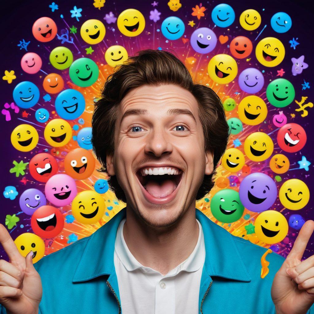 A vibrant scene showcasing a digital stage with a comedian performing, surrounded by animated emoticons representing laughter and joy. The audience is filled with diverse characters, all smiling and clapping, while screens in the background display humorous memes and witty comments. The atmosphere is colorful and uplifting, symbolizing transformation from sorrow to happiness. Bright and lively digital art style. vibrant colors. 3D.