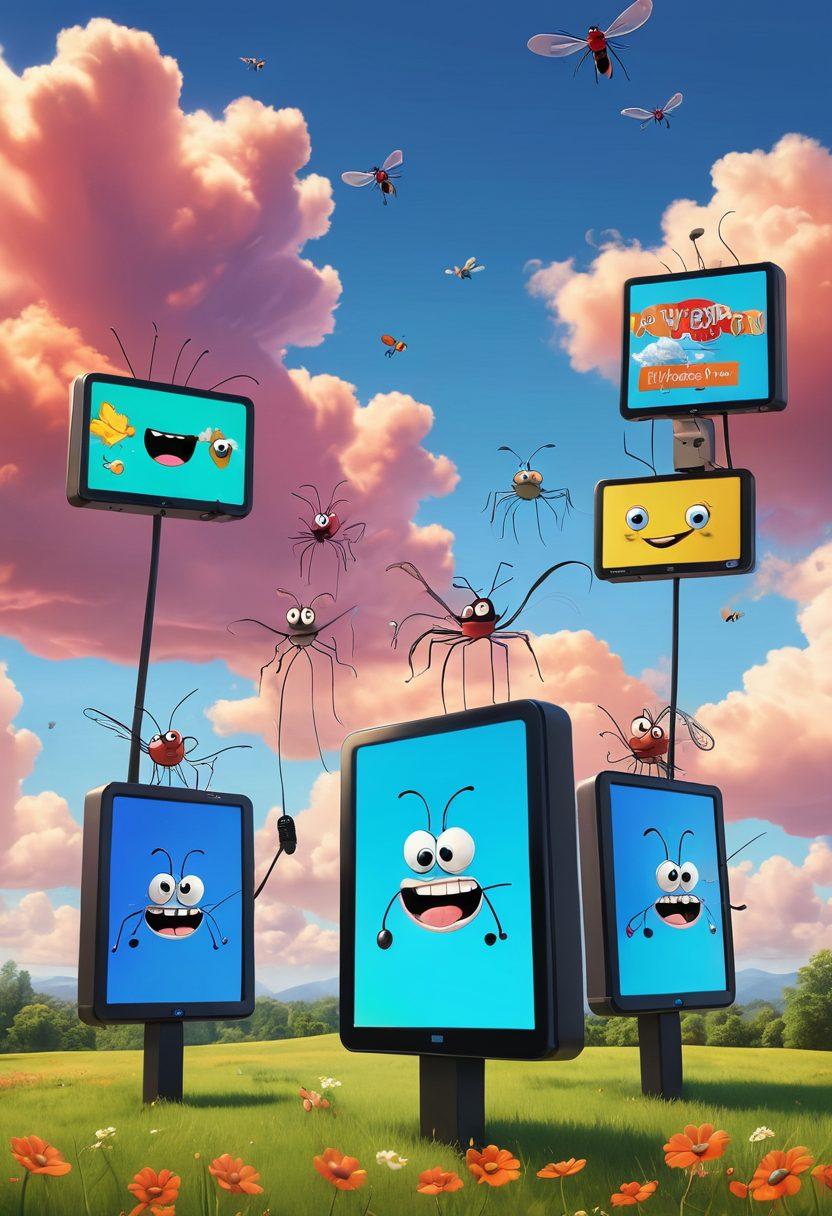 A whimsical scene of cartoonish mosquitoes playfully engaging in humorous antics, like holding tiny microphones and telling jokes, while colorful digital screens display funny memes around them. The background features a bright, sunny sky with fluffy clouds, conveying a lighthearted and cheerful atmosphere. Incorporate vibrant colors to emphasize a fun and comedic vibe, while keeping the overall composition lively and engaging. cartoon style. vibrant colors. playful design.